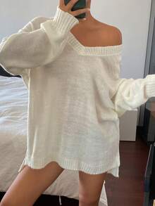 DAZY 女款純色寬鬆V領長袖休閒度假風春秋針織套頭毛衣 - 白色 - 查看 6