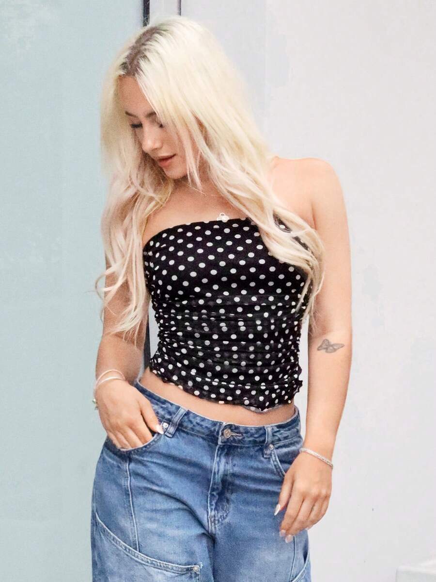 J-Fashion ROMWE X Capri Everitt Spring/Summer Valentine's Day Women's Polka Dot Printed Ruched Halter Tank Top - Black - View 1