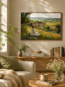1pc Vintage Canvas Wall Art – Girl Reading In Peaceful Field, Floral Landscape Painting For Living Room Bedroom Dining Room, Unframed - multicolor - View 2
