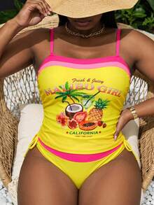 SHEIN Swim 2026新款大尺碼女款兩件式水果印花平口比基尼上衣，附抽繩抓皺高腰泳褲，夏季海灘度假穿搭，度假服飾，派對穿搭，優雅女款海灘泳裝，女款度假服飾 - 彩色 - 查看 8