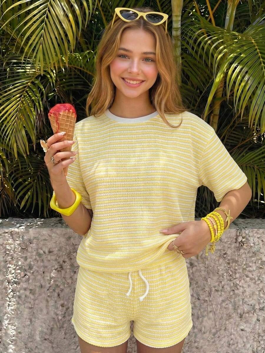 Kids Teen Girls 2-Piece Co-Ord Set, Yellow White Striped Knit Texture Round Neck T-Shirt And Shorts, Casual Versatile Spring/Summer Holiday Vacation - Yellow - View 1