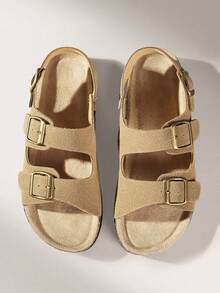Solecia Three-Buckle Rear Strap Cork Sandals Women, Retro Suede Adjustable Buckle To Wear Boken Sandals - tawny - View 3