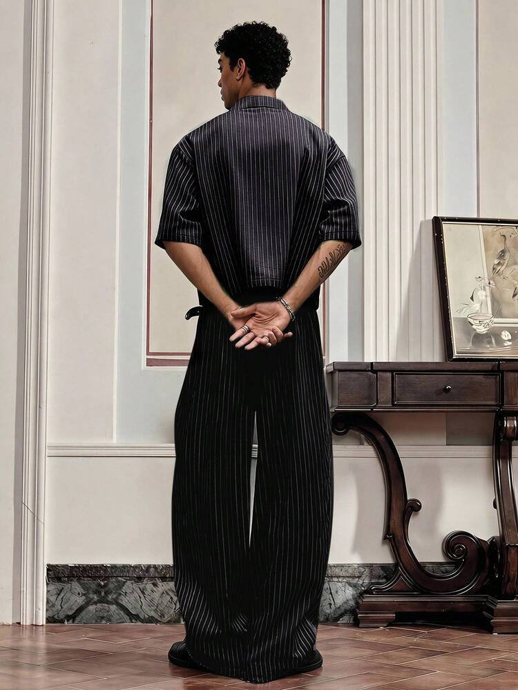 SWAVVY Men's Striped Single-Breasted Shirt And Trousers Casual Daily Outfit - Black - View 2