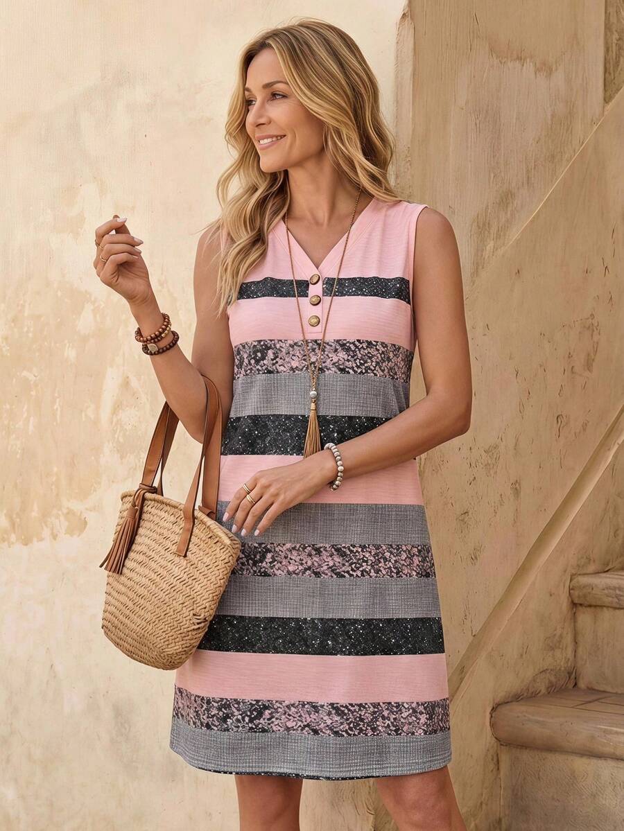 EMERY ROSE Colorblock Spliced Sleeveless Summer Dress With Random Print - Multicolor - View 1