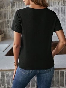 SHEIN LUNE 女款拼色條紋拼接休閒T恤 - 黑色 - 查看 8