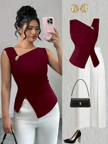 SHEIN Clasi 大尺碼女款時尚優雅純色不對稱肩帶背心上衣 - 酒紅色 - 查看 1