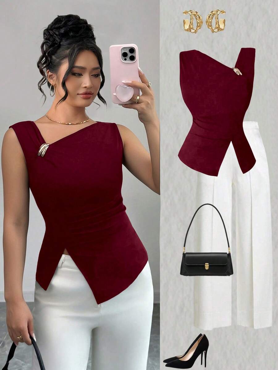 SHEIN Clasi 大尺碼女款時尚優雅純色不對稱肩帶背心上衣 - 酒紅色 - 查看 1