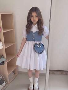 Elladie kids 夏季新款优雅通勤风女童两件套，牛仔露脐吊带背心+纯色短袖衬衫裙，附赠心形包，适合日常、上学、派对等场合。 - 白色 - 查看 4