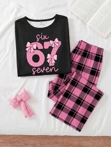 2件組女款青少年極簡時尚新款純黑色上衣，67元素印花圓領長袖，搭配經典黑粉格紋長褲，休閒舒適居家外出服 - 黑色 - 查看 3
