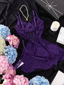 SHEIN 2件組蕾絲鋼圈透視性感睡裙 - 紫色 - 查看 2