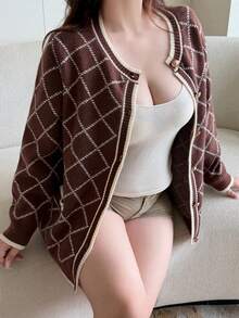 Vibekara Plus Size Women's Diamond Lattice Casual Daily Cardigan Winter - Coffee Brown - View 3