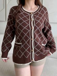 Vibekara Plus Size Women's Diamond Lattice Casual Daily Cardigan Winter - Coffee Brown - View 1