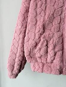 SHEIN Tween女孩舒適柔軟麥穗圖案休閒時尚毛絨外套 秋冬款 - 粉色 - 查看 5