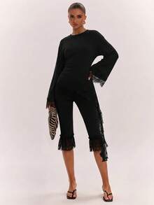 SHEIN BAE Kaos Lengan Lonceng dengan Hiasan Renda dan Hem Asimetris - Hitam - View 4