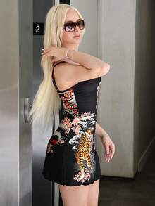 ROMWE Avant ROMWE X Capri Everitt New Chinese Style Dark Tiger & Sakura Floral Sexy Dark Allover Print Mini Dress For Women - Black - View 5