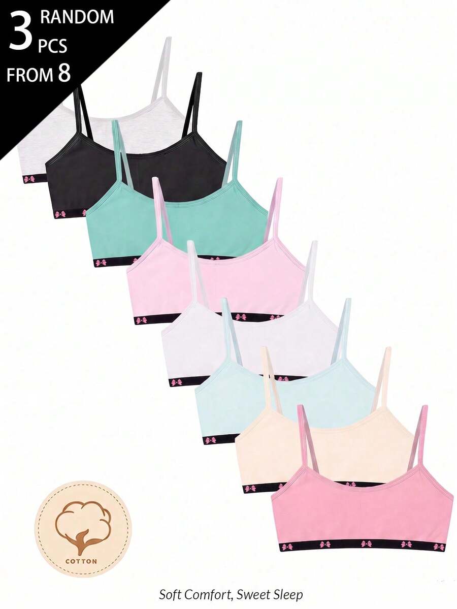 3 Random Piece Women's Teenagers Multi-Color Simple Sweet LOVE Series Letter Webbing Basic Letter Contrast Color Solid Color Camisole Underwear - Multicolor - View 1