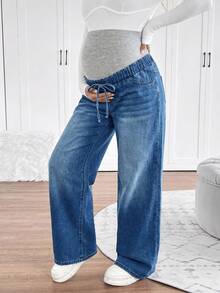 SHEIN Maternity Fashion Versatile Tie-Waist Pocket Denim Jeans For Daily Wear - Blue - View 3