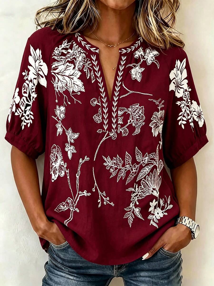 Linhara Kemeja Kasual Gaya Boho untuk Liburan Musim Semi Musim Panas Musim Gugur, Lengan Sedang, Lengan Raglan, Leher V, Motif Bunga dan Tanaman, Warna Polos, Ukuran Besar, Pantai, Warna Burgundy - Merah - View 1