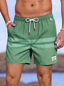 Manfinity KASUA Men Loose Striped Beach Shorts In Vacation Style Milk Silk Lining - Green - View 3
