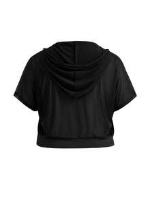 SHEIN Cheerettes Women's Plus Size Solid Color Drawstring Hooded Casual Daily Outdoor Sports Jacket Black Soft Stretch Breathable Moisture Wicking Short Sleeve Zip Fro - Black - View 5