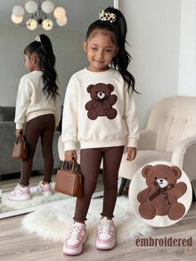 Young Girl Young Girl Young Girl Young Girl Young Girl Fashion Casual Bear Embroidery Autumn Sweatshirt & Leggings Set - Brown - View 7