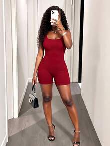 BamGleam Women's Solid Color Sleeveless Bodycon Romper - Burgundy - View 6