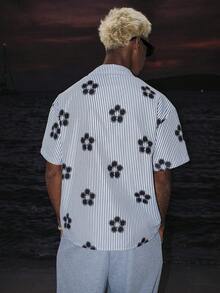 STEELVANCE Men's Striped Floral Vacation Style Short Sleeve Shirt - Black and White - View 2