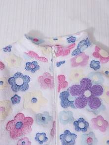 Tween Girls Red Long Sleeve 1pc Tween Girls' Stand Collar Zipper Front Fur Trim Jacket With All-Over Floral Pattern, Casual Jacket Top, Autumn/Winter - White - View 4