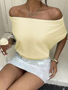Aloruh Women's Spring/Summer Vacation Solid Color Yellow Mint Green Sexy Backless Loose Off-Shoulder Tie-Front T-Shirt, Suitable For Vacation, Party, Date, Music Festival, Y2K - Light Yellow - View 5