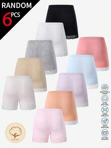 [6 Piezas Aleatorias] Calzoncillos tipo bóxer cómodos para niñas con patchwork de encaje y unicolor, 6 piezas surtidas aleatoriamente - Multicolor - Ver 2