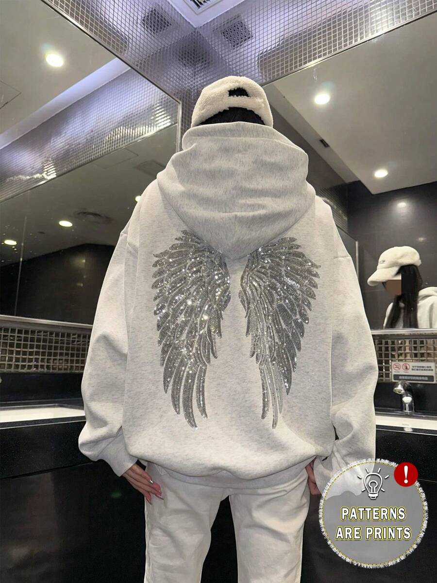 SHEIN EZwear 休閒極簡主義秋季新款天使之翼印花圖案連帽長袖寬鬆女款運動衫,適合日常通勤、聚會、秋冬/夏季、聖誕節、新年、感恩節、派對、婚禮、海灘、畢業典禮、優雅、外出、約會、通勤、情人節、優雅、度假 - 淺灰色 - 查看 1
