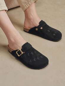 Solecia Women's Shoes Spring And Summer Versatile Wheat Ear Embroidery Adjustable Buckle Round Toe Flat Bottom Soft Suede Closed Toe Slippers Daily Travel - Black - View 7