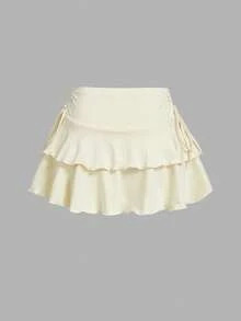 SHEIN Tall 女款純色百褶休閒百搭日常穿著蛋糕裙 - 淡黃色 - 查看 2