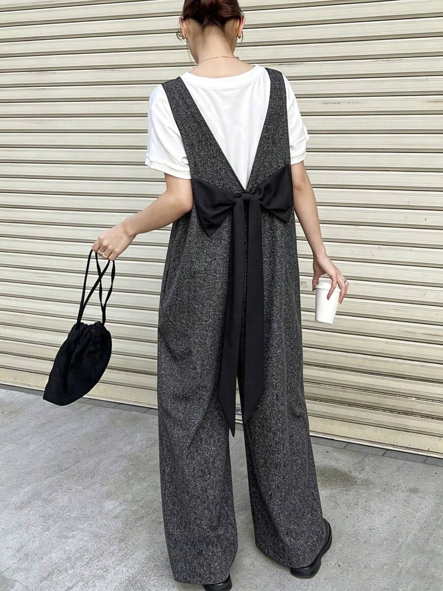 FRIFUL Women's Fashion Commuter Bowknot Decorated Jumpsuit Vacation - Grey - View 1