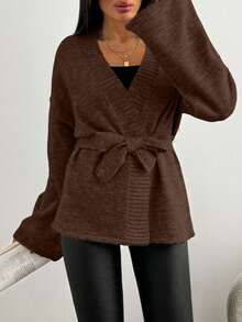 EURMUSE Women Solid Color Dropped Shoulder Long Sleeve Loose Tie-Front Casual Cardigan - Brown - View 5