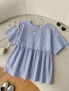 SHEIN EZwear 女款條紋百褶休閒百搭日常穿著襯衫 - 藍色 - 查看 7