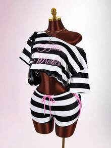 Amplova Asymmetric Neck Fitted Cropped Top With 5-Point Sleeves, Ultra Low Waist Colorblock Striped Y2K Slogan Black & White 2 Pieces Set For Women - Black - View 4