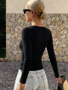 DAZY 女款夏季方領修身羅紋內搭性感休閒短袖T恤 - 黑色 - 查看 2