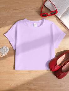 SHEIN Tween Girl Casual Solid Color Loose Crew Neck Rolled Cuff Cap Sleeve Cropped T-Shirt - Mauve Purple - View 8