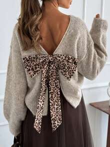 Holdful Holdful Women's Leopard Print Bow Decor Drop-Shoulder Long Sleeve T-Shirt - Apricot - View 4