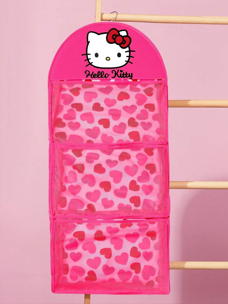 HELLO KITTY AND FRIENDS | SHEIN 掛牆式收納整理袋 附3個網袋,愛心印花衣櫥收納袋,適合女孩學生使用,可收納內衣、髮飾、化妝品,適用於臥室衣櫃 - 深粉色 - 查看 1