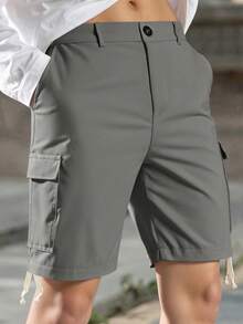 Manfinity Homme Men's Grey Cargo Shorts, Multi-Pocket Design, Drawstring Waist, Casual Versatile Fashion Shorts - Dark Grey - View 4