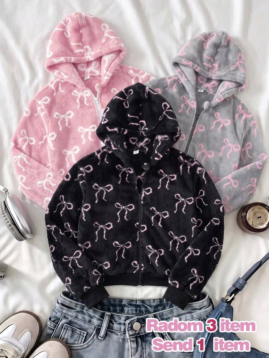 SHEIN 1件少女甜酷風夾克外套,柔軟珊瑚絨面料,全滿版淺粉色蝴蝶結印花,羅紋下擺,寬鬆落肩版型,加厚單件,適合日常穿著、購物、上學、外出,秋冬開學季,隨機發送1件 - 黑色 - 查看 1