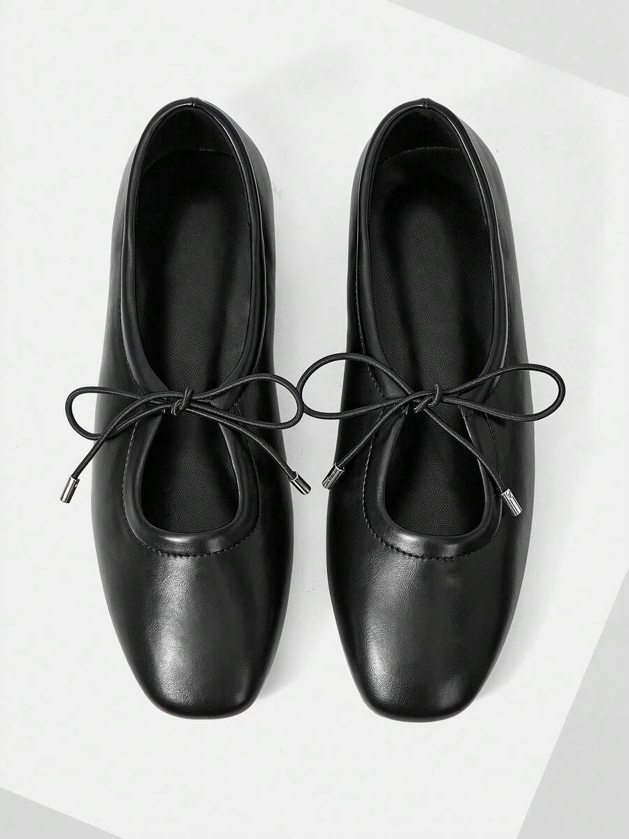 Mnmlis Women Shoes Spring Summer Elastic Rope Round Toe Flat Heel Flat Bottom Ballet Soft Leather Low Vamp Shoes Commuter Daily Fall Shoes - Black - View 1