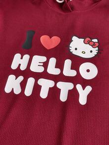 HELLO KITTY AND FRIENDS | SHEIN فستان نسائي كاجوال طويل مطبوع برسوم كرتونية وشعارات, ذو كتفين متساقطين ومنفض, بخصر مشدود بحبل وقلنسوة, مناسب للربيع والخريف - عنابي اللون - مشاهدة 6