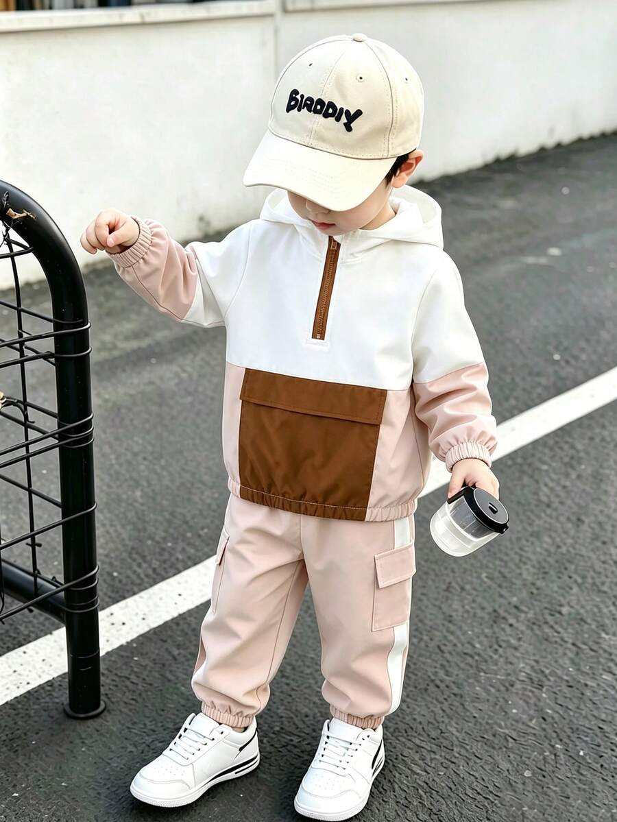 SHEIN Conjunto de 2 piezas de chaqueta con capucha y pantalones cargo con bloques de color y patchwork para niño - Multicolor - Ver 1
