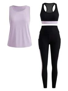 SHEIN Cheerettes 女款 3 件組拼色內衣、高腰緊身褲與圓領上衣休閒日常運動套裝，黑色與紫色，柔軟彈性、防透深蹲、側邊口袋壓力褲 - 彩色 - 查看 4