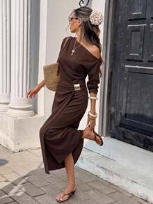 SHEIN Frenchy Women's Casual Commute Solid Color Asymmetric Collar Wrap Dress - Brown - View 2