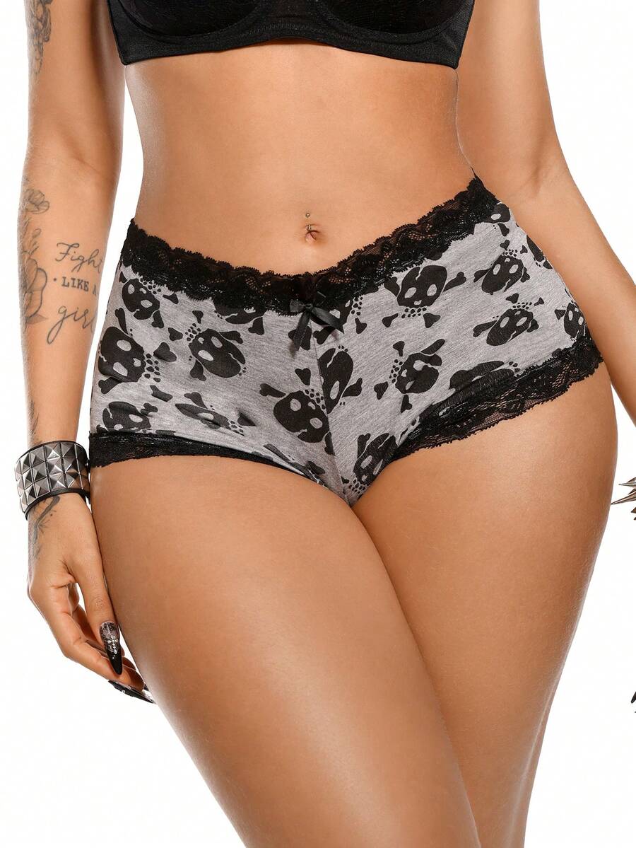 AltBold 1pc Skull Print Lace Patchwork Hipster Panties - Grey - View 1
