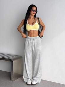 Dewbera Dewbera Women's Solid Color Drawstring Waist Casual Versatile Daily Travel Sportswear Daily Wear Long Pants - Light Grey - View 5